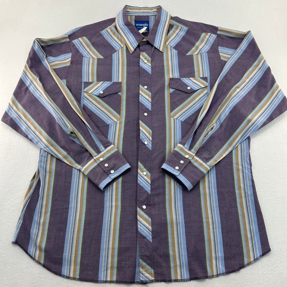 Wrangler Western Shirt Mens XL Purple Blue Striped Pearl Snap Long Sleeve